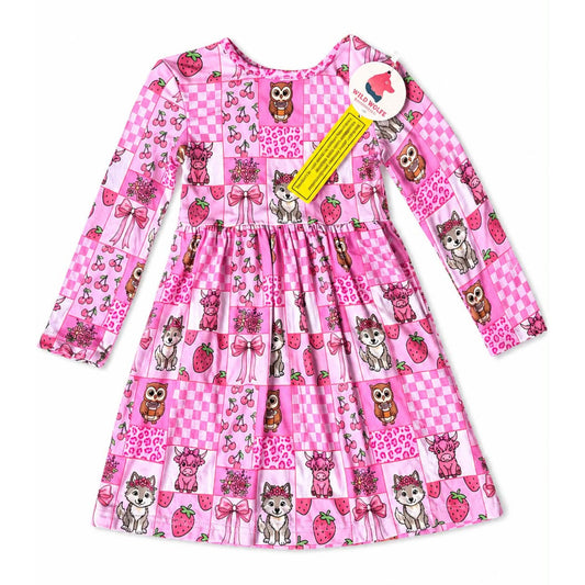Berry Belle Patchwork Long Sleeve Twirl Dress